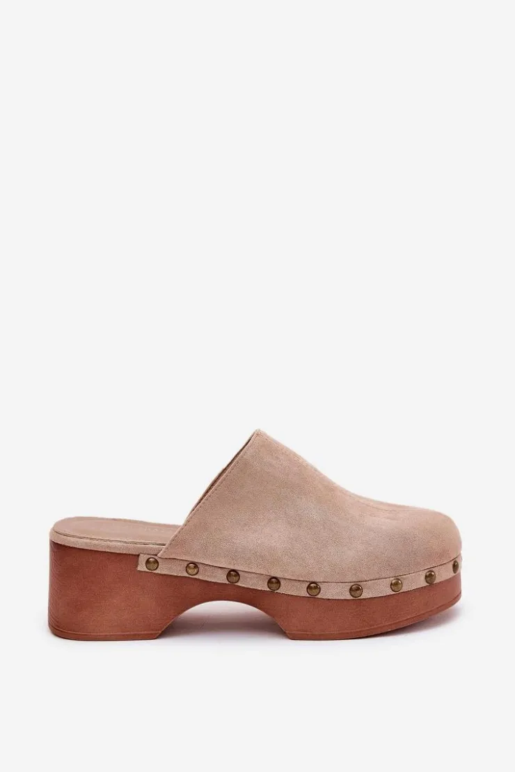 Damskie Boto Chodaki Klapki Damskie Z Ćwiekami Eko Zamszowe Beżowe Ellason