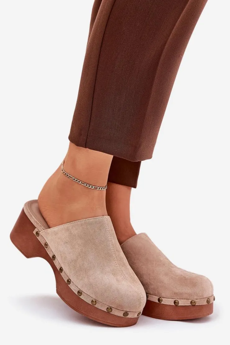 Damskie Boto Chodaki Klapki Damskie Z Ćwiekami Eko Zamszowe Beżowe Ellason