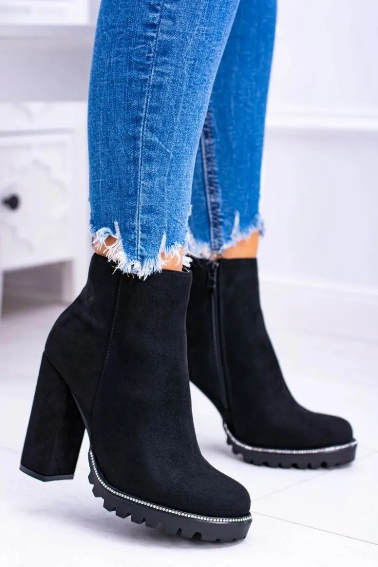 Boto Botki Na Słupku|Czarne Botki*Czarne botki na słupku Guriela Suede