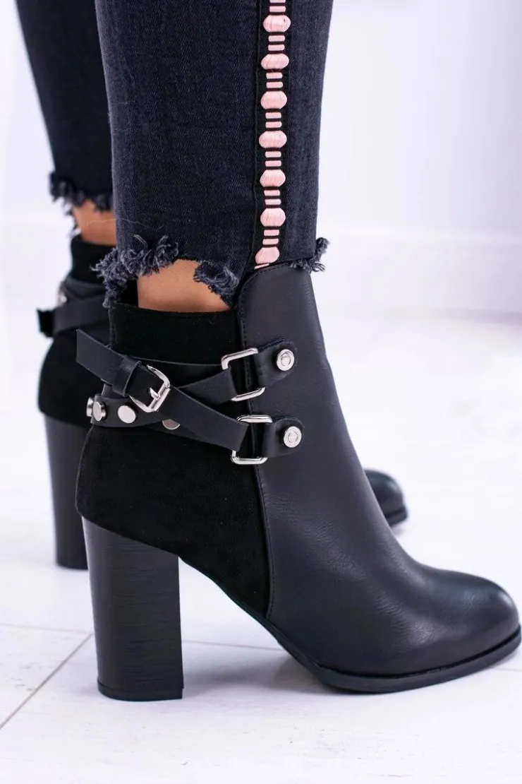 Damskie Boto Czarne Botki Na Słupku Z Paskami Lico Zamsz Nevada