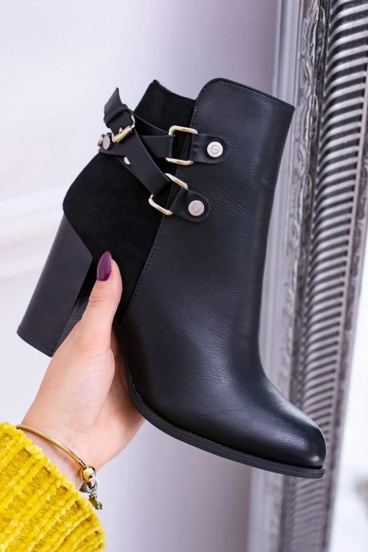 Damskie Boto Czarne Botki Na Słupku Z Paskami Lico Zamsz Nevada