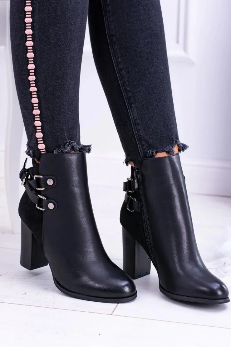 Damskie Boto Czarne Botki Na Słupku Z Paskami Lico Zamsz Nevada