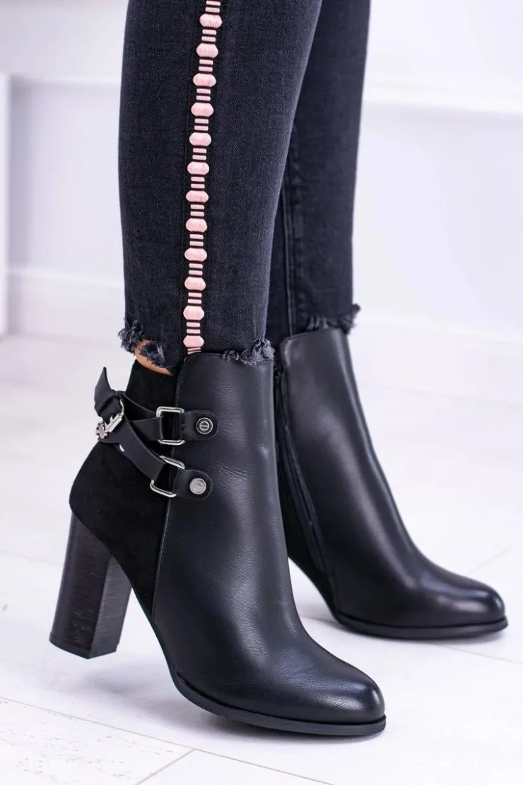 Damskie Boto Czarne Botki Na Słupku Z Paskami Lico Zamsz Nevada