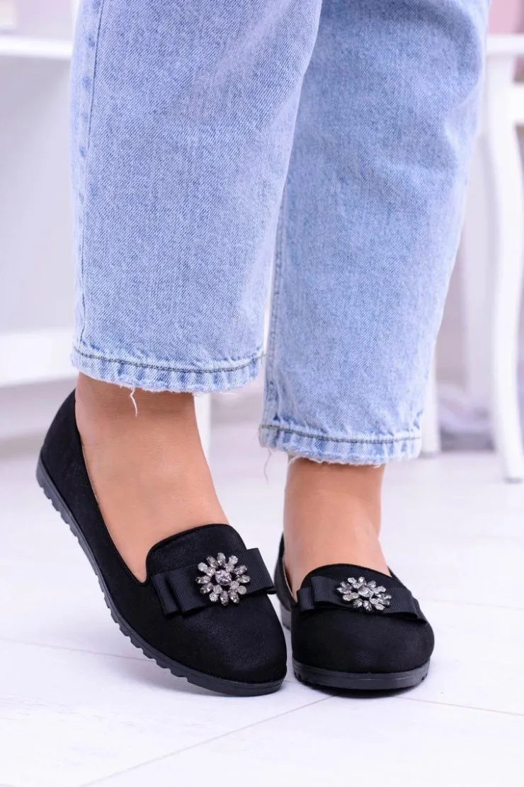 Boto Baleriny Klasyczne*Czarne Damskie Baleriny Lordsy Cyrkonie Rumi