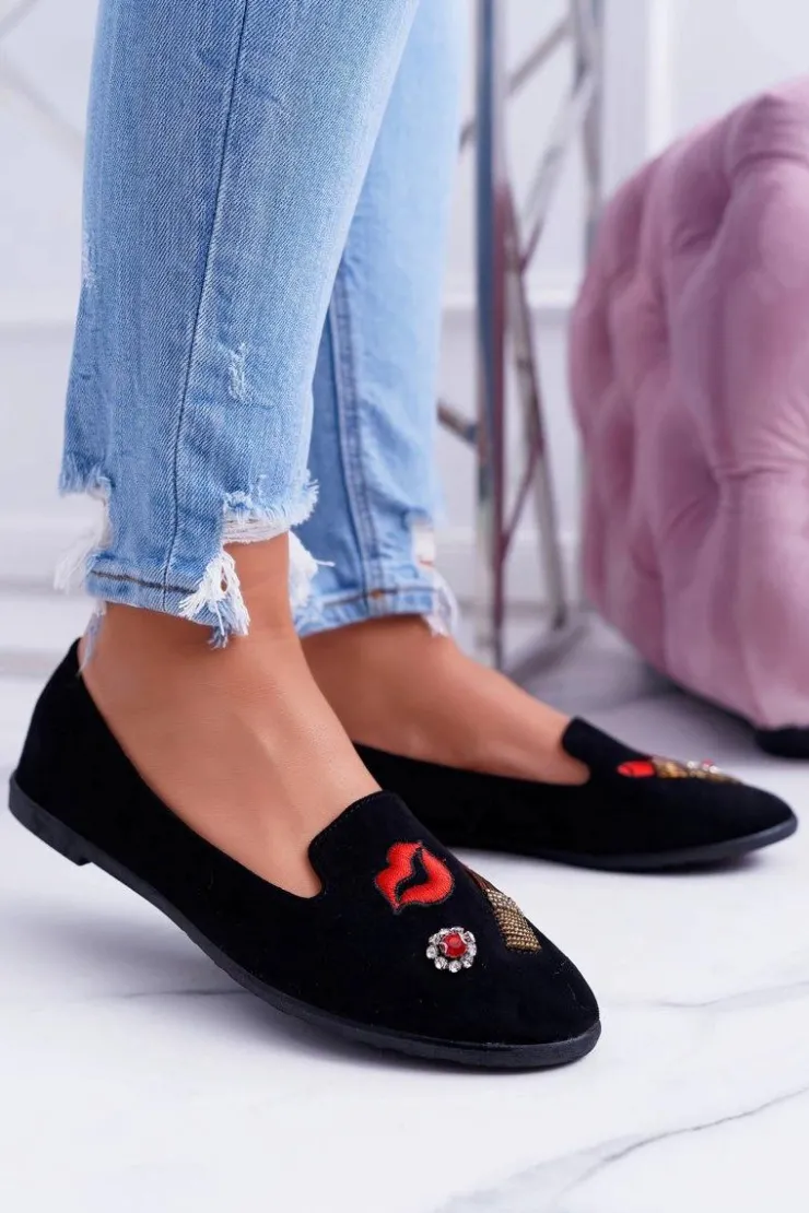 Damskie Boto Czarne Damskie Baleriny Naszywki Lipstick