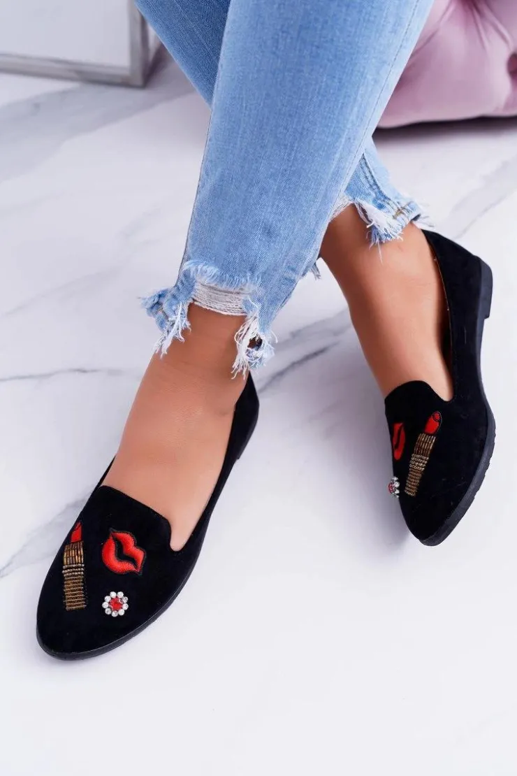 Damskie Boto Czarne Damskie Baleriny Naszywki Lipstick