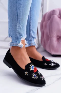 Boto Baleriny Klasyczne*Czarne Damskie Baleriny Naszywki Princess