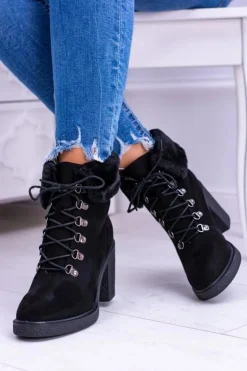 Damskie Boto Czarne Damskie Botki Z Futerkiem Na Słupku Influence