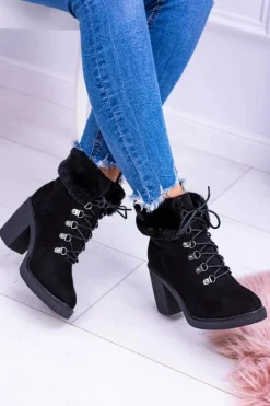 Damskie Boto Czarne Damskie Botki Z Futerkiem Na Słupku Influence