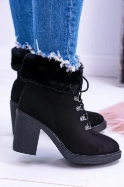 Damskie Boto Czarne Damskie Botki Z Futerkiem Na Słupku Influence