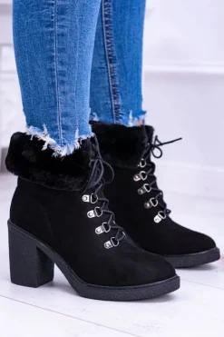 Damskie Boto Czarne Damskie Botki Z Futerkiem Na Słupku Influence