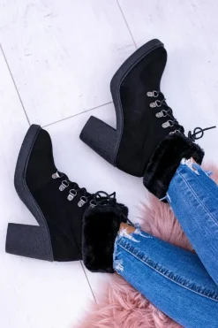 Damskie Boto Czarne Damskie Botki Z Futerkiem Na Słupku Influence