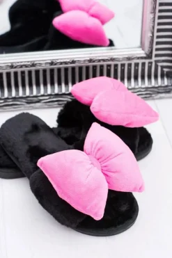 Boto Klapki Damskie Klasyczne*Czarne Damskie Klapki Lu Boo Duże Różowe Kokardy Floppy