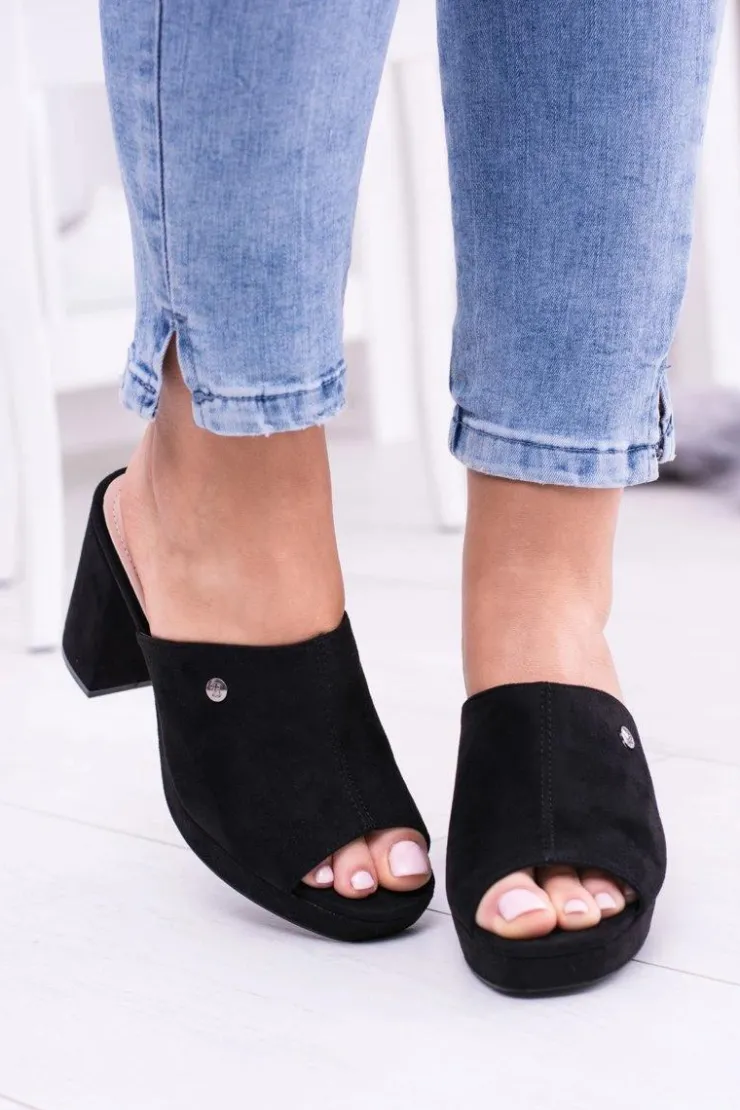 Damskie Boto Czarne Damskie Klapki Na Słupku Elegante