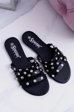 Discount Boto Czarne Damskie Klapki z Dżetami Kryształy Fergo