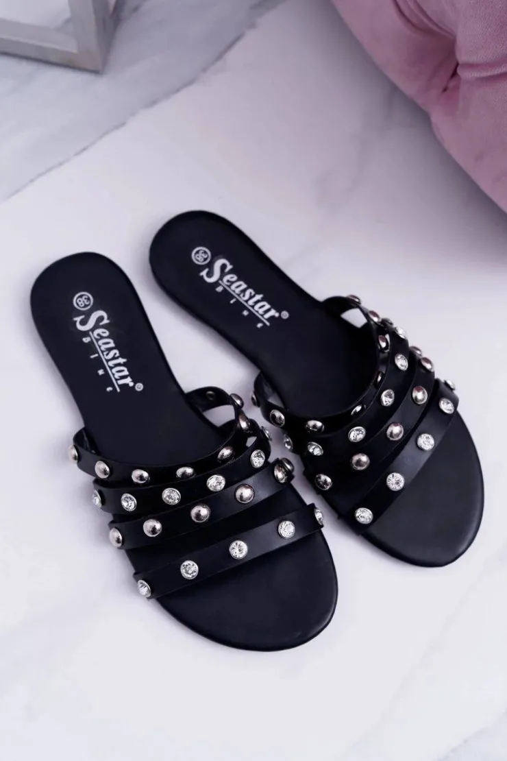 Discount Boto Czarne Damskie Klapki z Dżetami Kryształy Fergo
