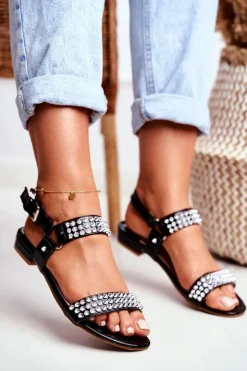 New Boto Czarne Damskie Płaskie Sandałki Lu Boo Z Ćwiekami Aldona