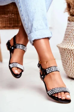 New Boto Czarne Damskie Płaskie Sandałki Lu Boo Z Ćwiekami Aldona