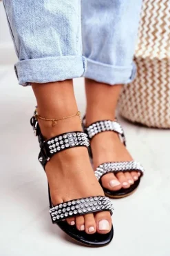 New Boto Czarne Damskie Płaskie Sandałki Lu Boo Z Ćwiekami Aldona