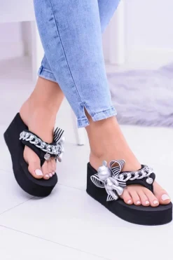 Boto Klapki Na Koturnie|Klapki Na Obcasie*Czarne Ekstrawaganckie Klapki na Koturnie Shock