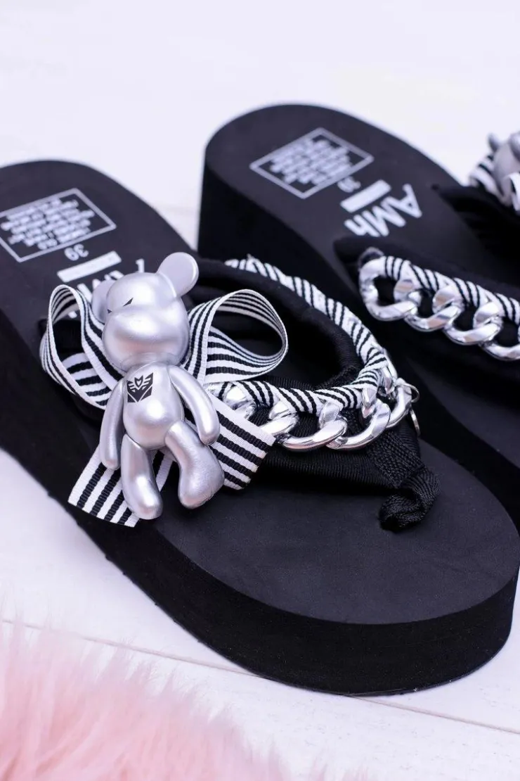 Boto Klapki Na Koturnie|Klapki Na Obcasie*Czarne Ekstrawaganckie Klapki na Koturnie Shock