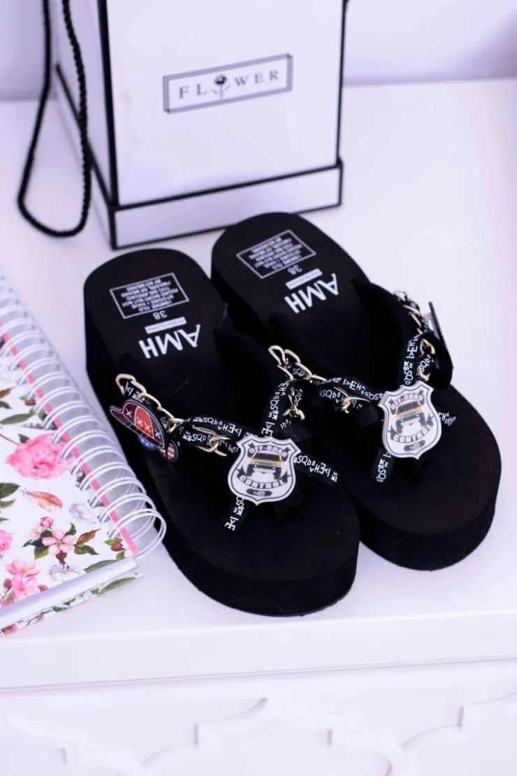 Boto Klapki Na Koturnie|Klapki Na Obcasie*Czarne Ekstrawaganckie Klapki na Koturnie SecondShock