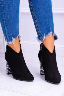 Discount Laura Messi Czarne Eleganckie Zamszowe Botki na Słupku 1849