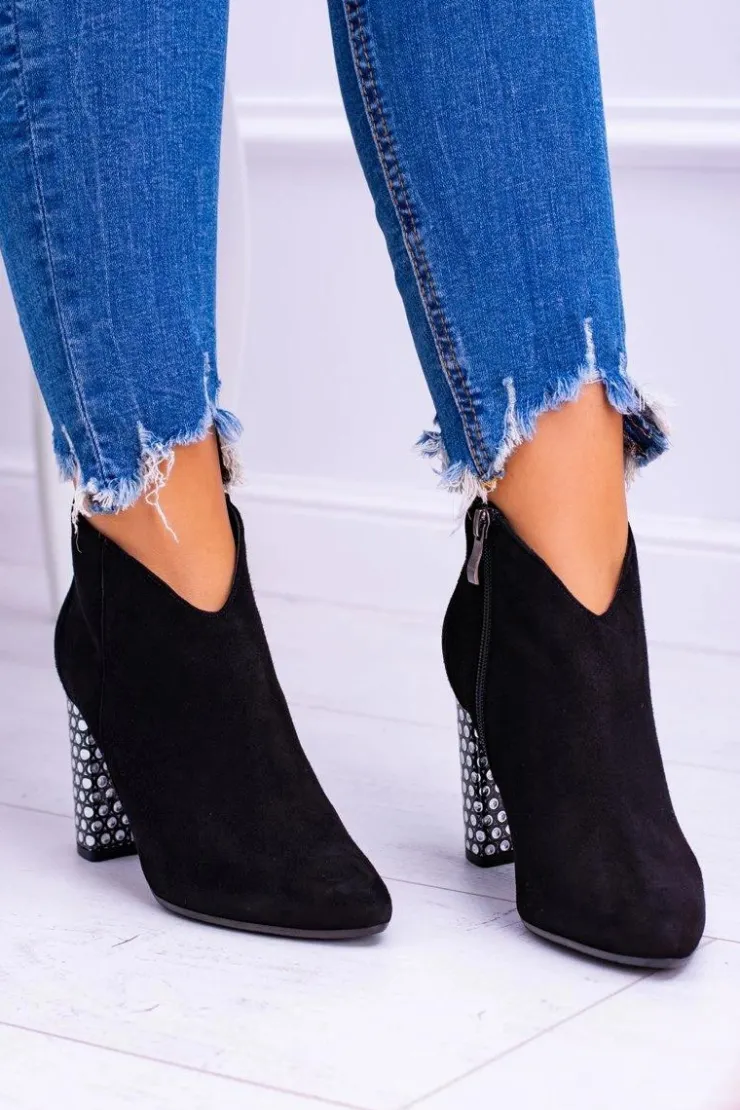 Discount Laura Messi Czarne Eleganckie Zamszowe Botki na Słupku 1849