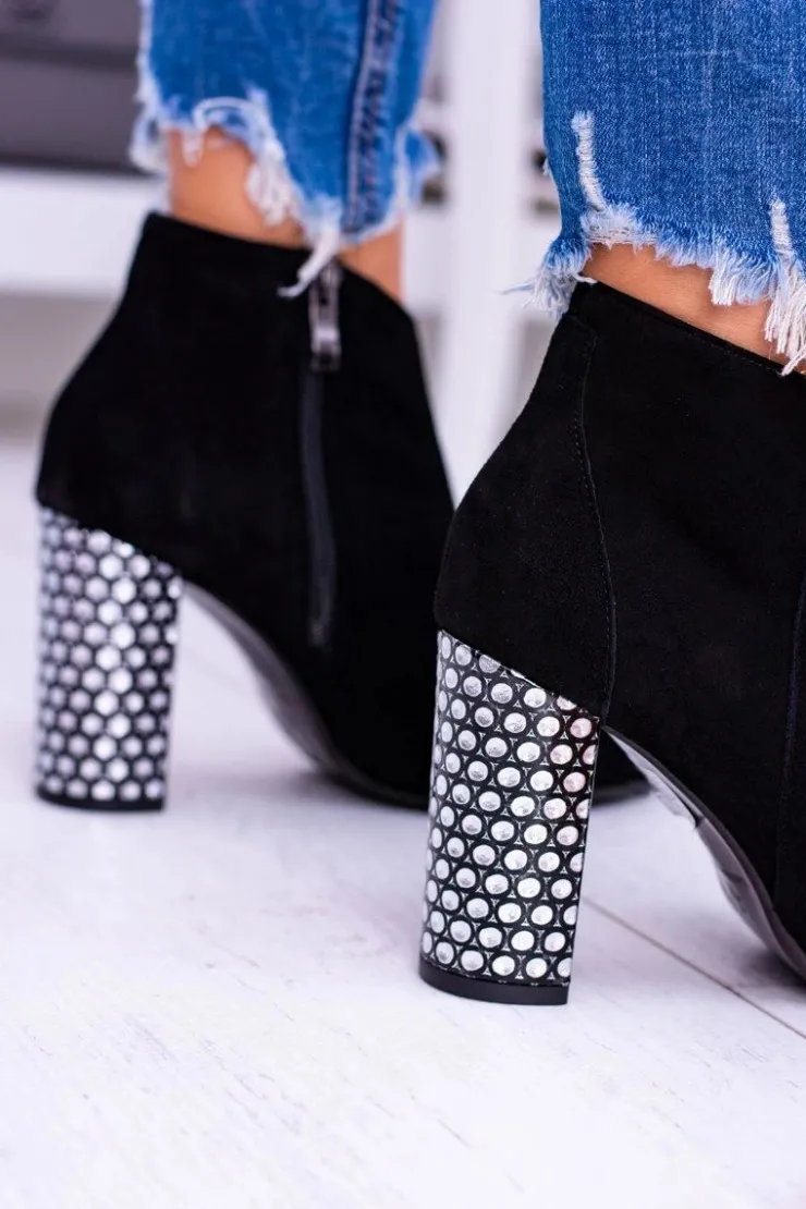 Discount Laura Messi Czarne Eleganckie Zamszowe Botki na Słupku 1849