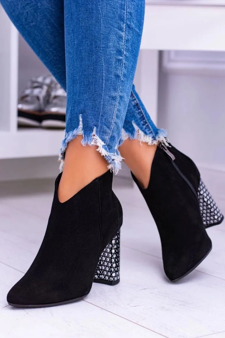 Discount Laura Messi Czarne Eleganckie Zamszowe Botki na Słupku 1849