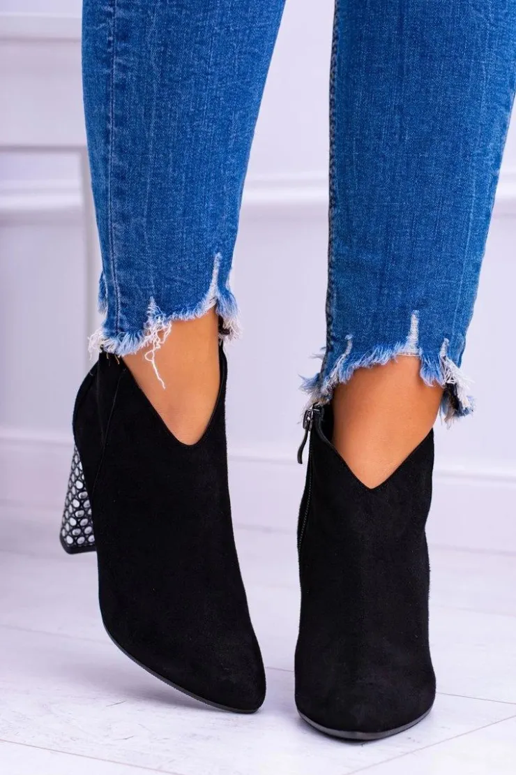 Discount Laura Messi Czarne Eleganckie Zamszowe Botki na Słupku 1849