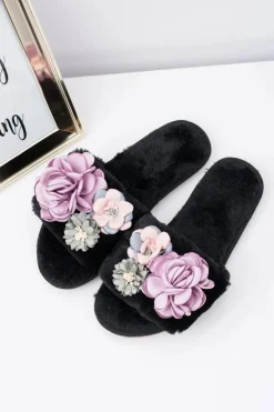 Sale Boto Czarne Klapki Damskie Z Kwiatkami Lu Boo Bouquet
