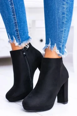 Damskie Boto Czarne Nubukowe Botki na Słupku Emoretto