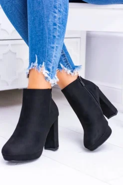 Damskie Boto Czarne Nubukowe Botki na Słupku Emoretto