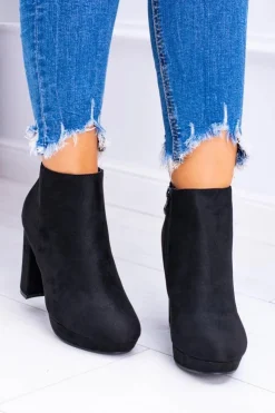 Damskie Boto Czarne Nubukowe Botki na Słupku Emoretto