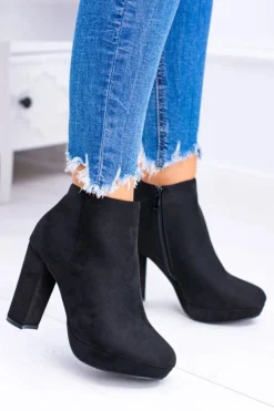 Damskie Boto Czarne Nubukowe Botki na Słupku Emoretto