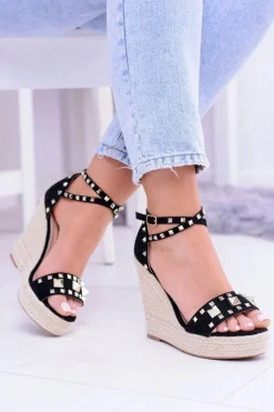 Discount Boto Czarne Sandały Na Koturnie Espadryl Ćwieki Dżety Narumi