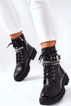 Damskie Boto Czarne Workery Botki z Klamrą Grosstick