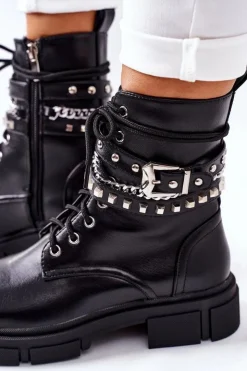 Damskie Boto Czarne Workery Botki z Klamrą Grosstick