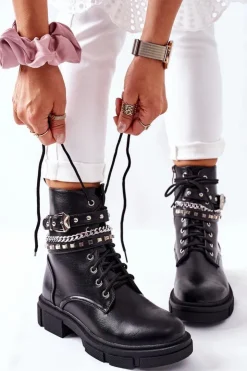 Damskie Boto Czarne Workery Botki z Klamrą Grosstick