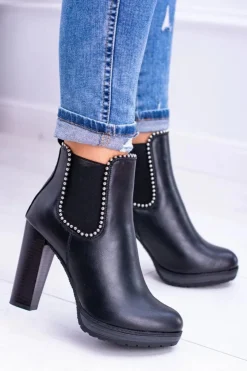 Damskie Boto Czarne Wsuwane Botki Na Słupku Bernatt