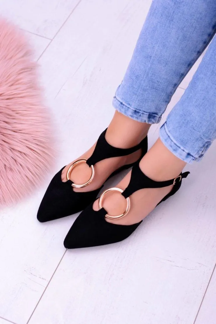 Outlet Boto Czarne Zamszowe Balerinki w Szpic Ciao