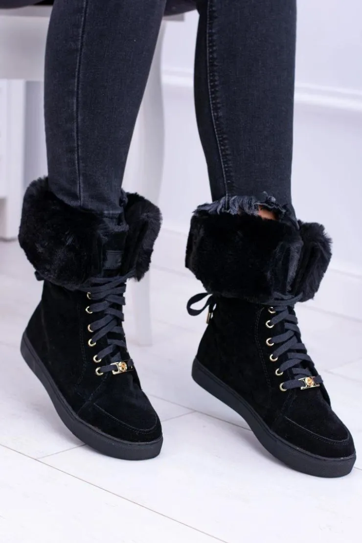 Damskie Boto Czarne Zamszowe Botki LU BOO Timberki z Futrem