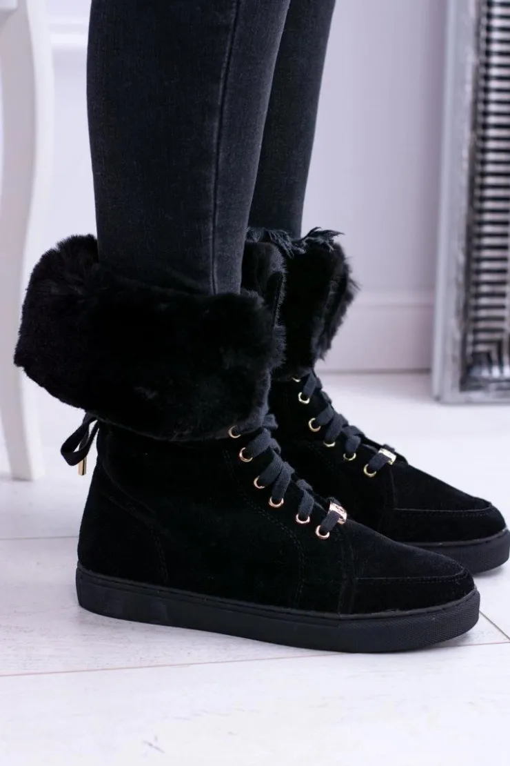 Damskie Boto Czarne Zamszowe Botki LU BOO Timberki z Futrem