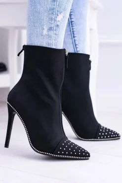 Discount Boto Czarne Zamszowe Botki na Szpilce Regio