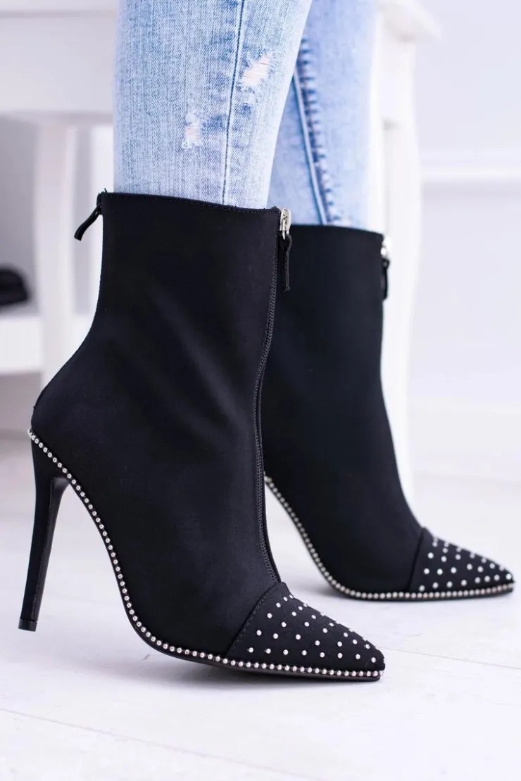 Discount Boto Czarne Zamszowe Botki na Szpilce Regio