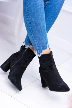 Damskie Boto Czarne Zamszowe Botki Na Słupku Bresci