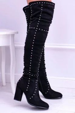 Damskie Boto Czarne Zamszowe Kozaki Za Kolano Muszkieterki Ćwieki Almo