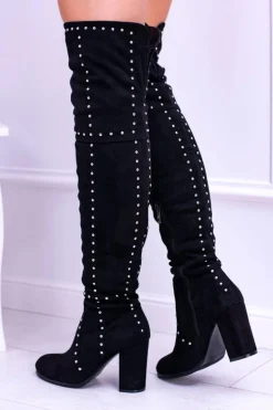 Damskie Boto Czarne Zamszowe Kozaki Za Kolano Muszkieterki Ćwieki Almo