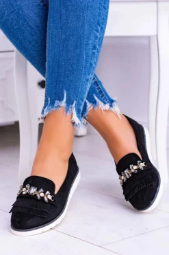 Damskie Boto Czarne Zamszowe Mokasyny z Kryształami Vivaro